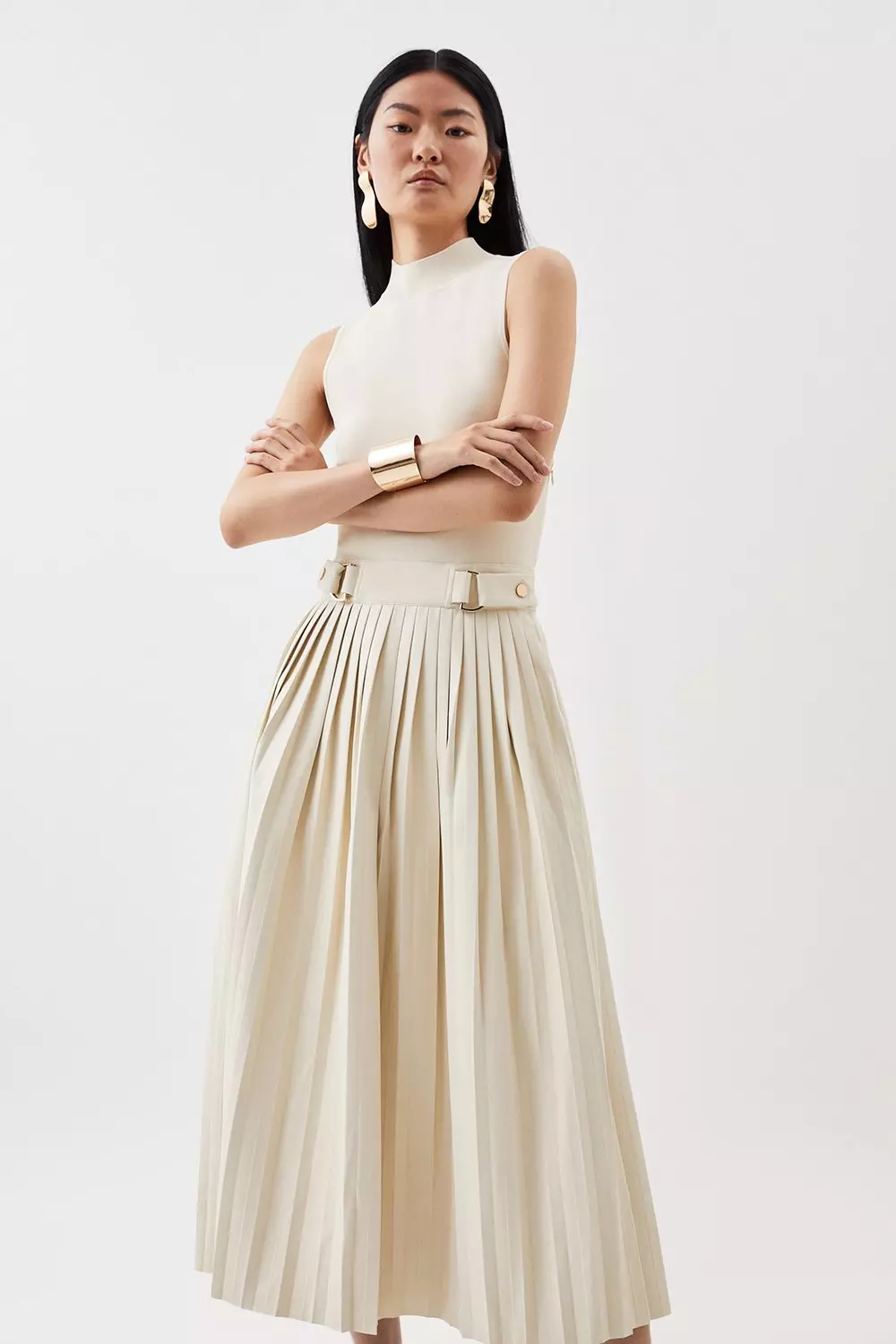 Cream Tall Knitted Midi Dress With Pu Detailing alternative image