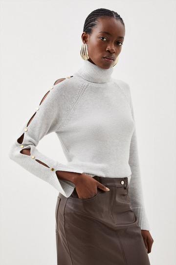Grey Premium Alpaca Wool Blend Knit Turtleneck Sweater With Open Sleeve Detail