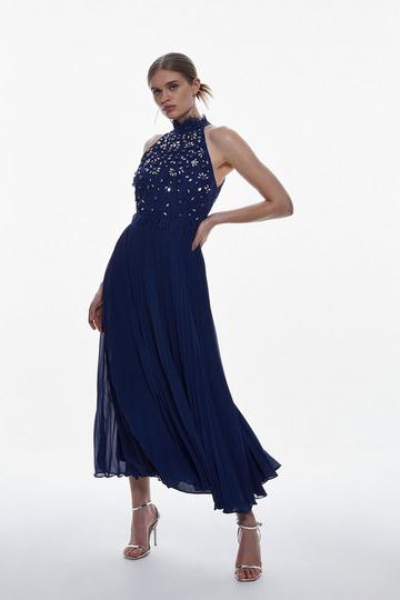 Lace Embellished Halter Pleated Woven Midi Dress navy