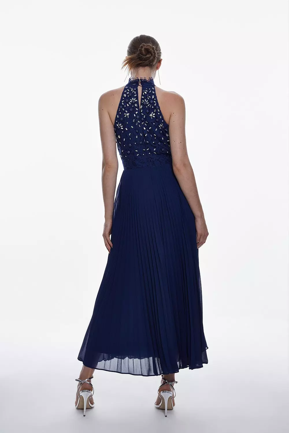 ◆KAREN MILLEN◆ボウタイネック フルスカート ドレス / navy Plus Size Pleated Woven Belted Tie Neck Maxi Shirt Dress