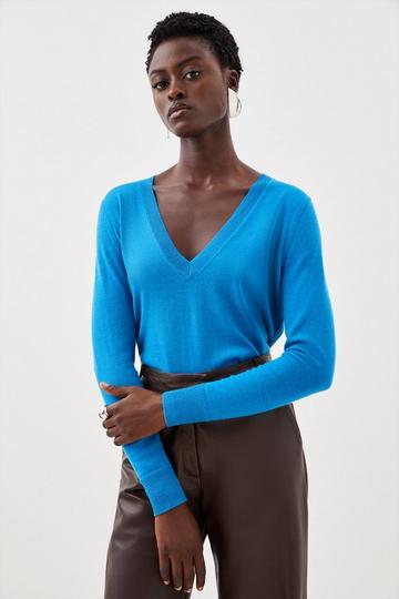 Merino Wool Deep V Neck Knit Sweater blue