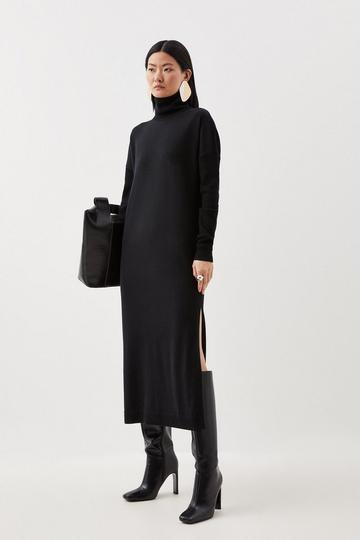 Black Merino Wool Relaxed Fit Turtleneck Knit Midaxi Dress