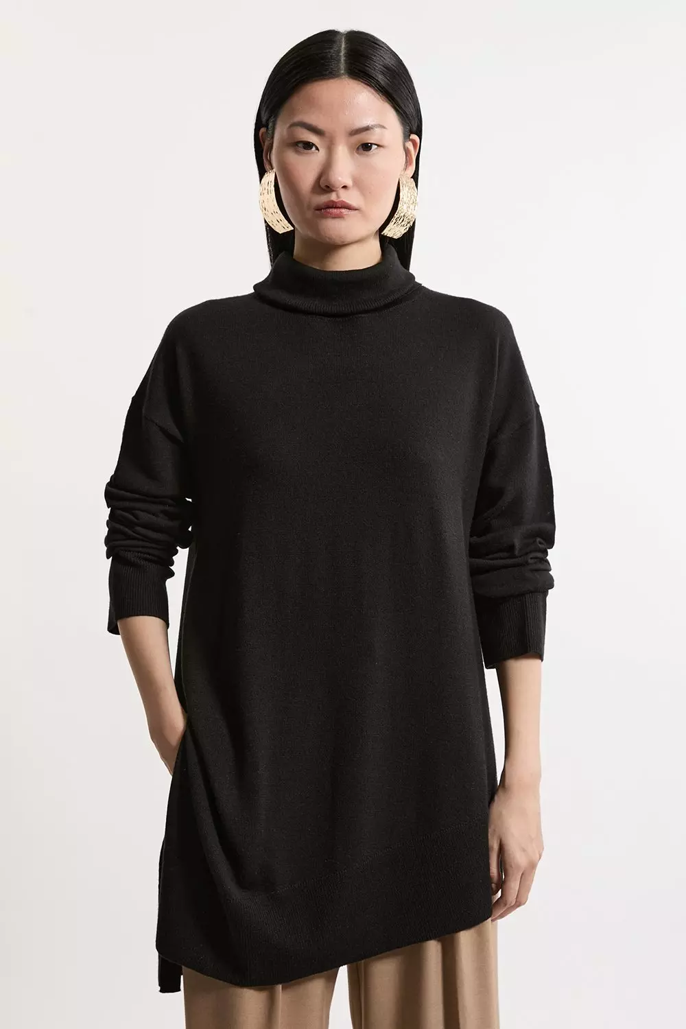 Black Merino Wool Asymmetric Funnel Neck Knit Jumper alternative image