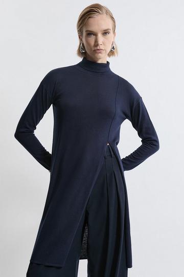 Cashmere Blend Deep Slip Longline Knit Top navy