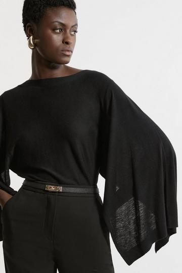 Black Cashmere Blend Drama Sleeve Slash Neck Knit Top