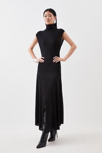Black Cashmere Blend Sleeveless Turtleneck Midaxi Knit Dress