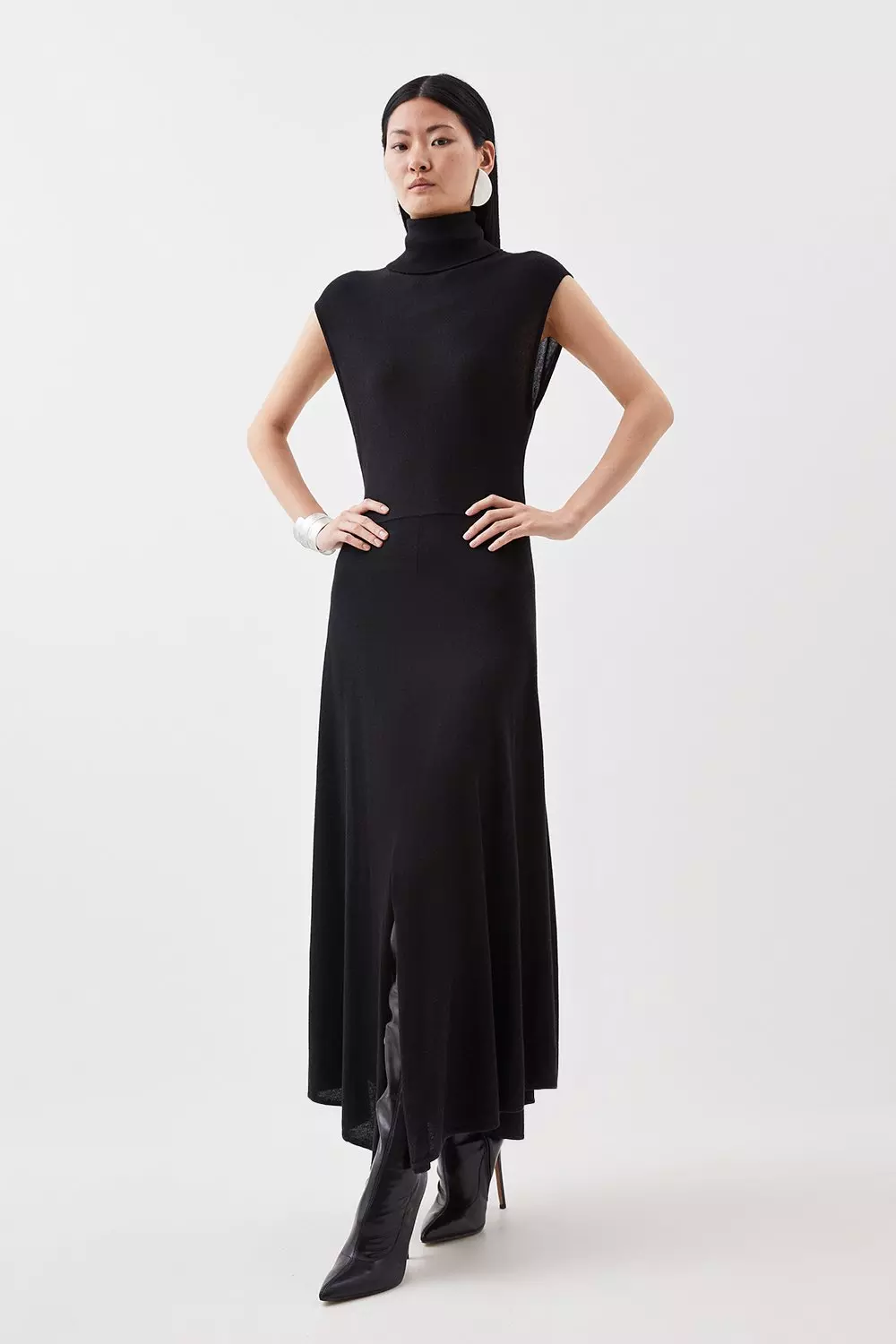 【Karen Millen】ロールネック フリッピーヘム ニットドレス Cashmere Blend Sleeveless Roll Neck Maxi Knit Dress | Karen