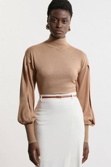 Camel Beige Cashmere Blend Roll Neck And Split Sleeve Knit Top