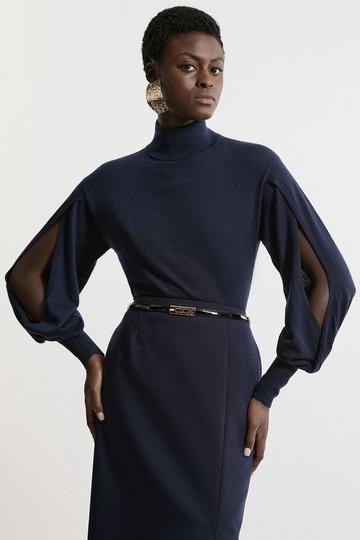 Cashmere Blend Turtleneck And Split Sleeve Knit Top navy