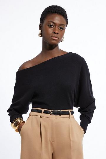 Black Cashmere Blend Off The Shoulder Knit Top