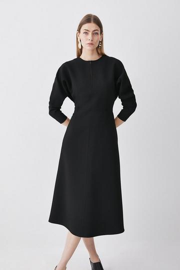 Structured Crepe Keyhole Rounded A Line Midi Dress black