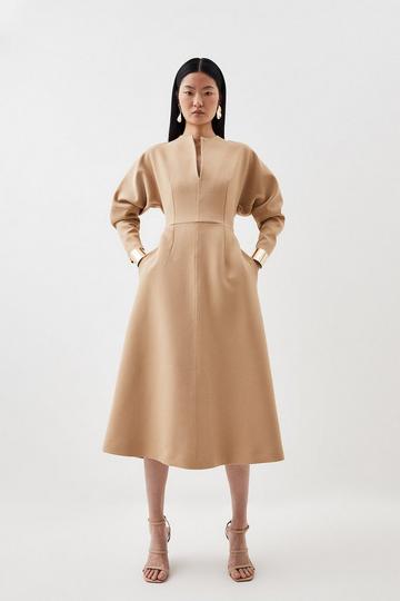 Structured Crepe Keyhole Rounded A Line Midi Dress camel