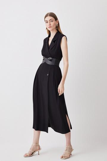 Black Tailored Strong Shoulder Belted Midi Dress