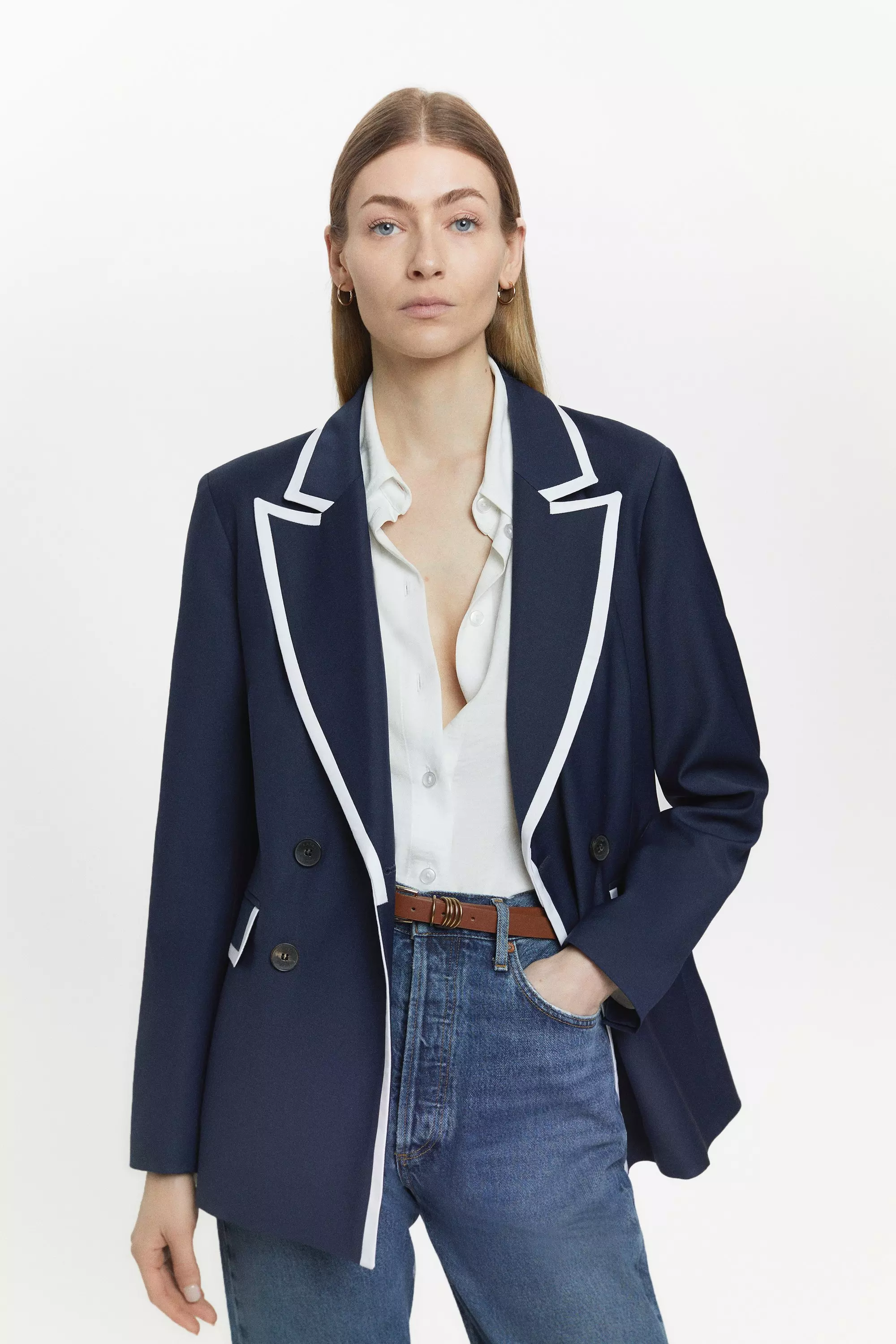 Navy Wool Blend Double Layered Detail Blazer alternative image