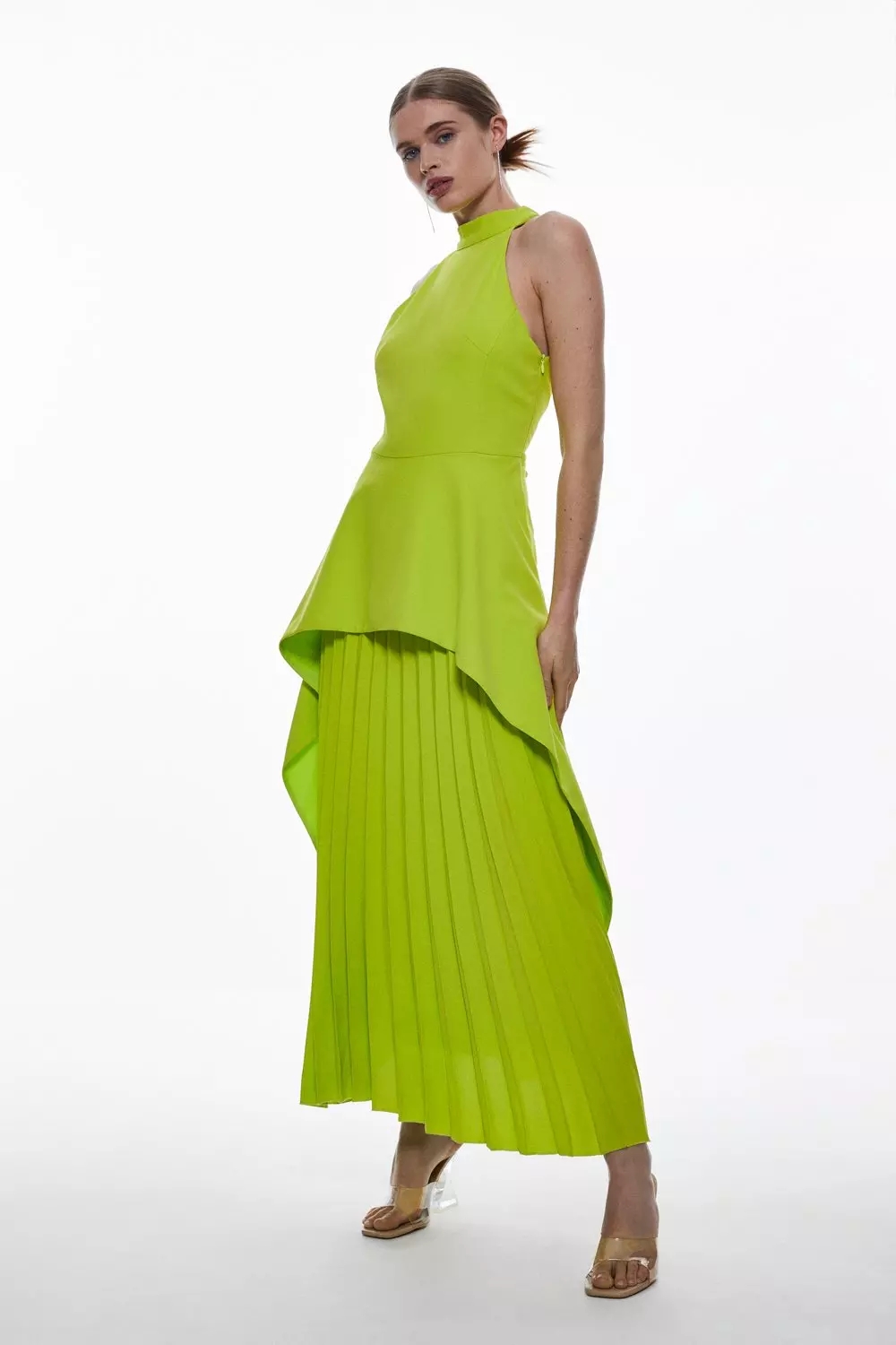 Soft Tailored Waterfall Hem High Neck Midi Dress