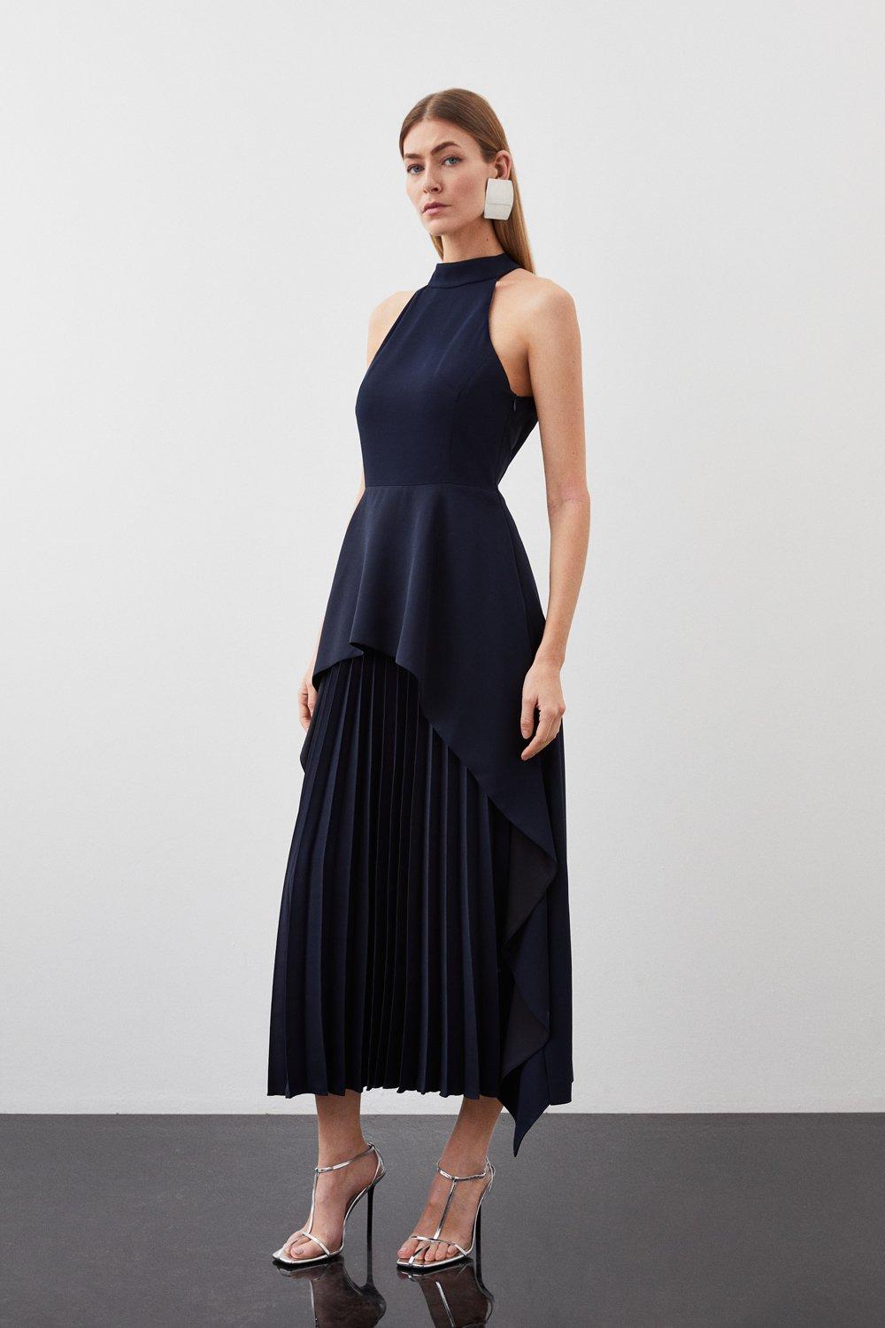 Soft Tailored Waterfall Hem High Neck Midi Dress | Karen Millen