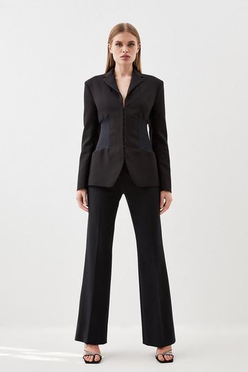 Black Compact Stretch Contrast Panel Detail Flared Pants