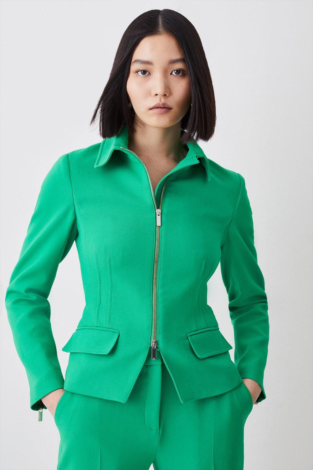 Compact Stretch Tailored Corset Detail Zip Up Blazer | Karen Millen