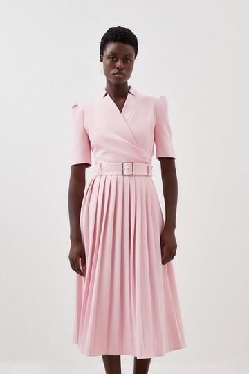 Pink Structured Crepe Notch Neck Wrap Belted Forever Midi Dress