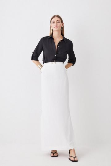 Linen Nautical Button Detail Midi Skirt ivory