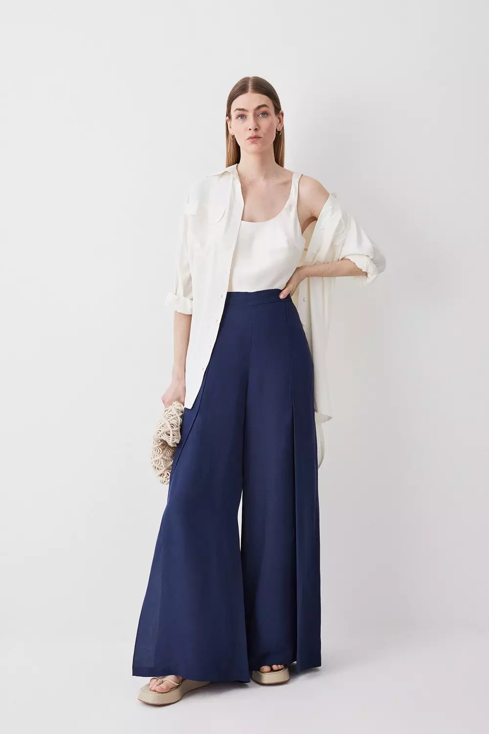 Navy Premium Tailored Linen Split Hem Wide Leg Trouser alternative image