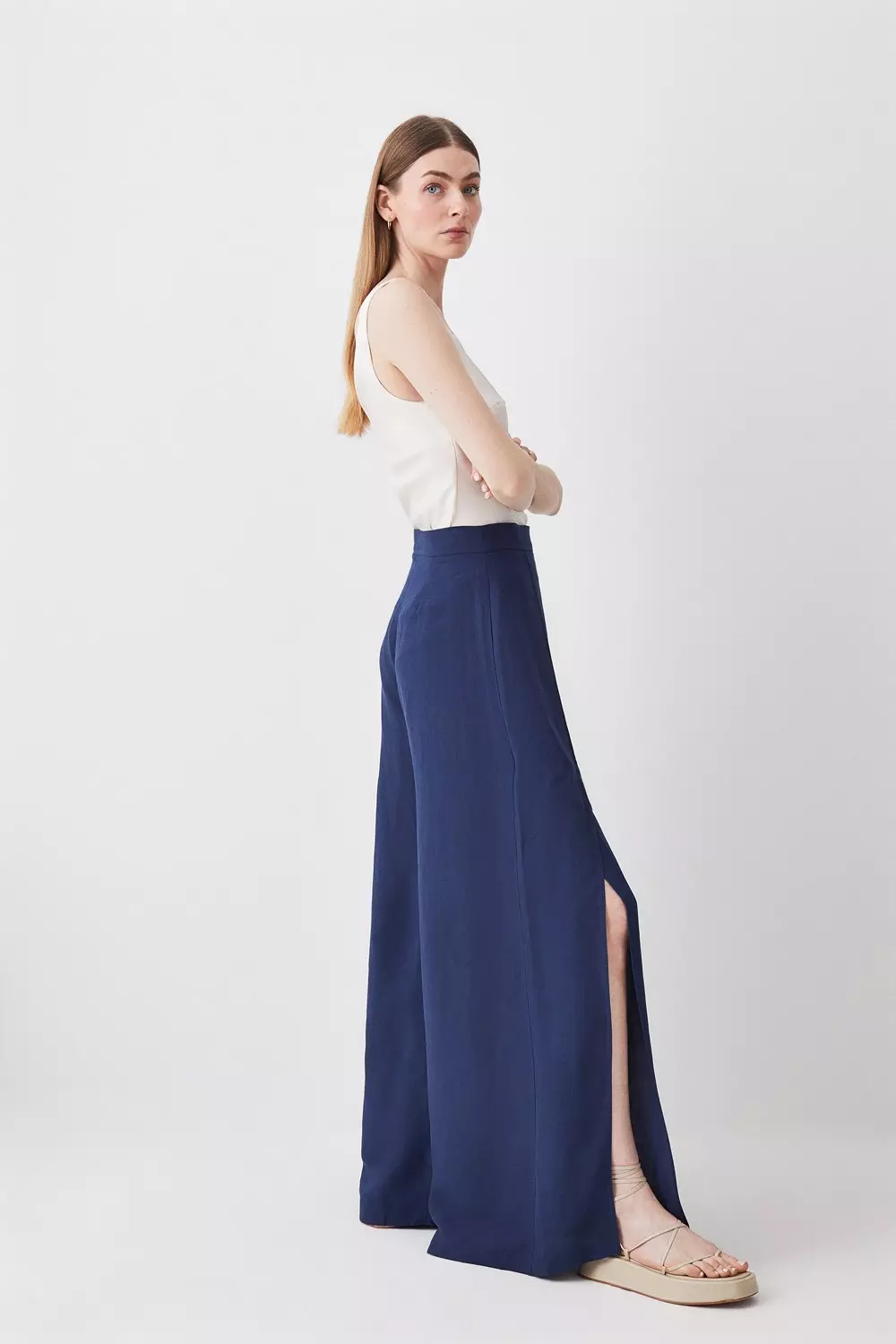 Navy Premium Tailored Linen Split Hem Wide Leg Trouser alternative image