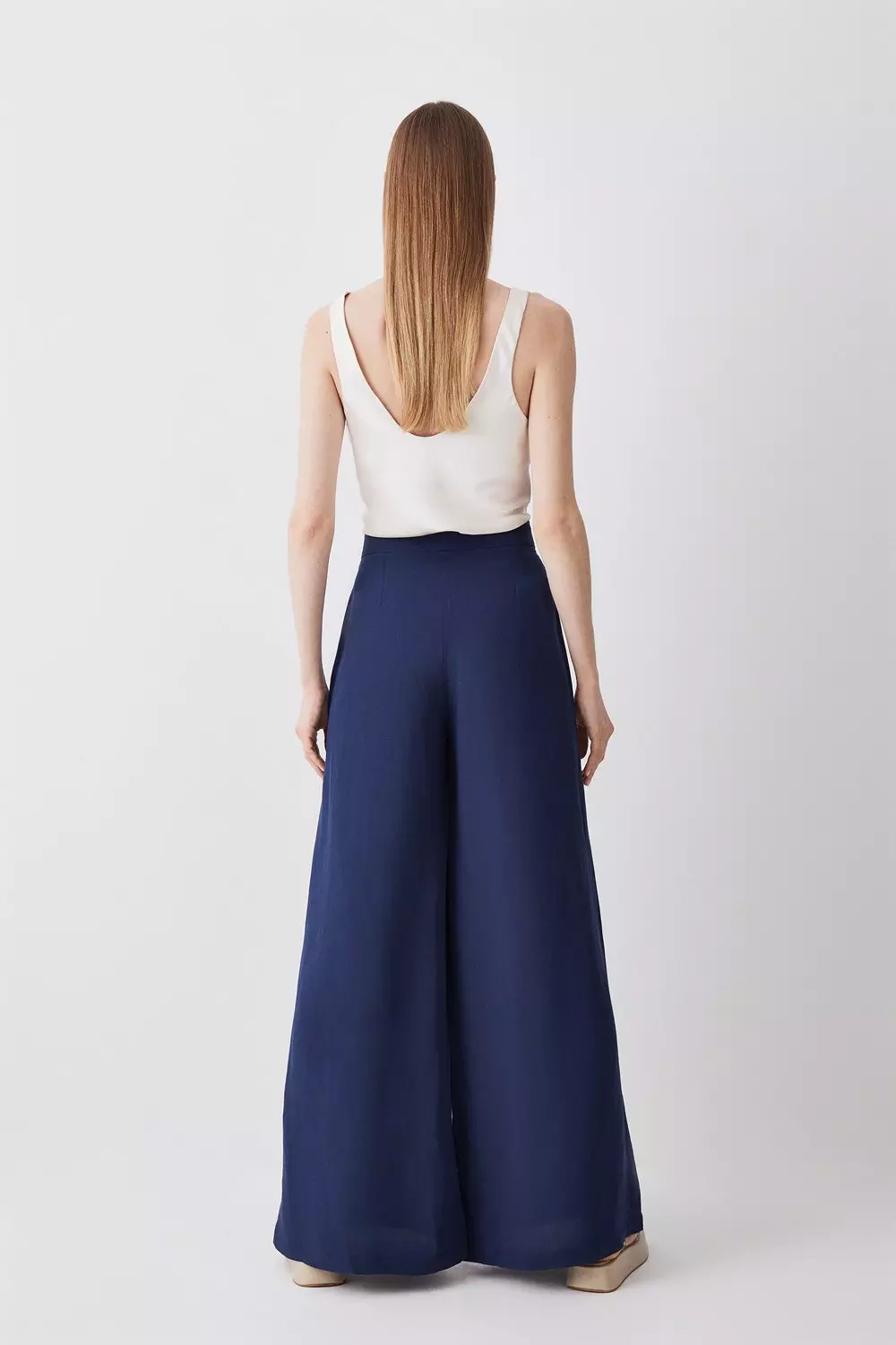 Navy Premium Tailored Linen Split Hem Wide Leg Trouser alternative image