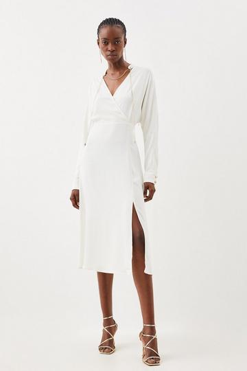 Cream White Collar Detail Wrap Front Long Sleeve Midi Dress