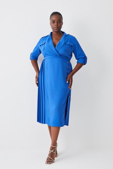 Plus Size Soft Tailored Lace Up Pleated Shirt Dress cobalt