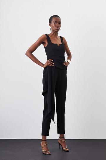 Black Structured Crepe Wrap Drape Detail Jumpsuit