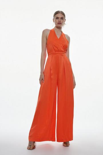 Red Satin Crepe Drama Belted Jumpsuit