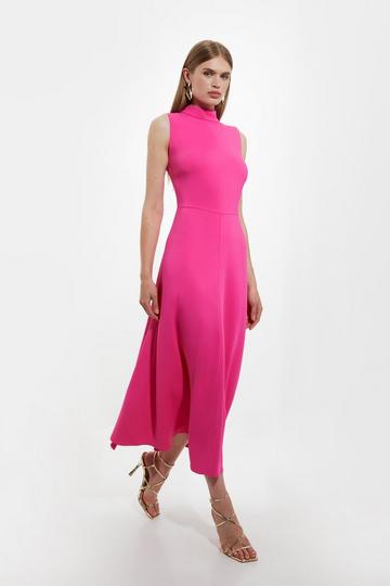 Pink Compact Stretch Viscose Tailored High Neck Tie Detail Midi Dress