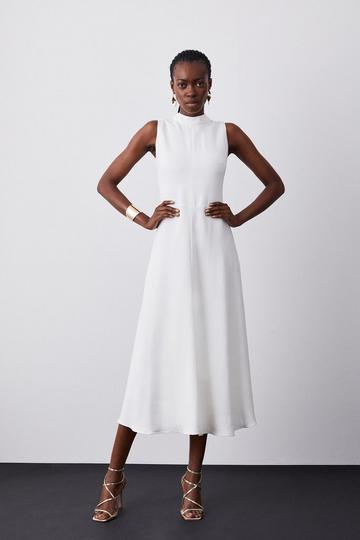 Ivory White Compact Stretch Viscose Tailored High Neck Tie Detail Midi Dress