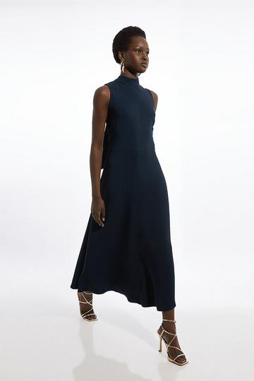 Navy Compact Stretch Viscose Tailored High Neck Tie Detail Midi Dress