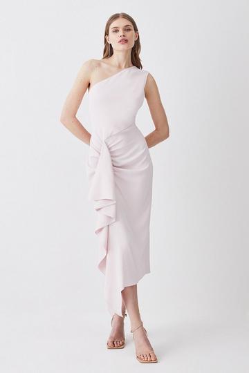 Compact Viscose Tailored One Shoulder Drape Front Pencil Dress blush