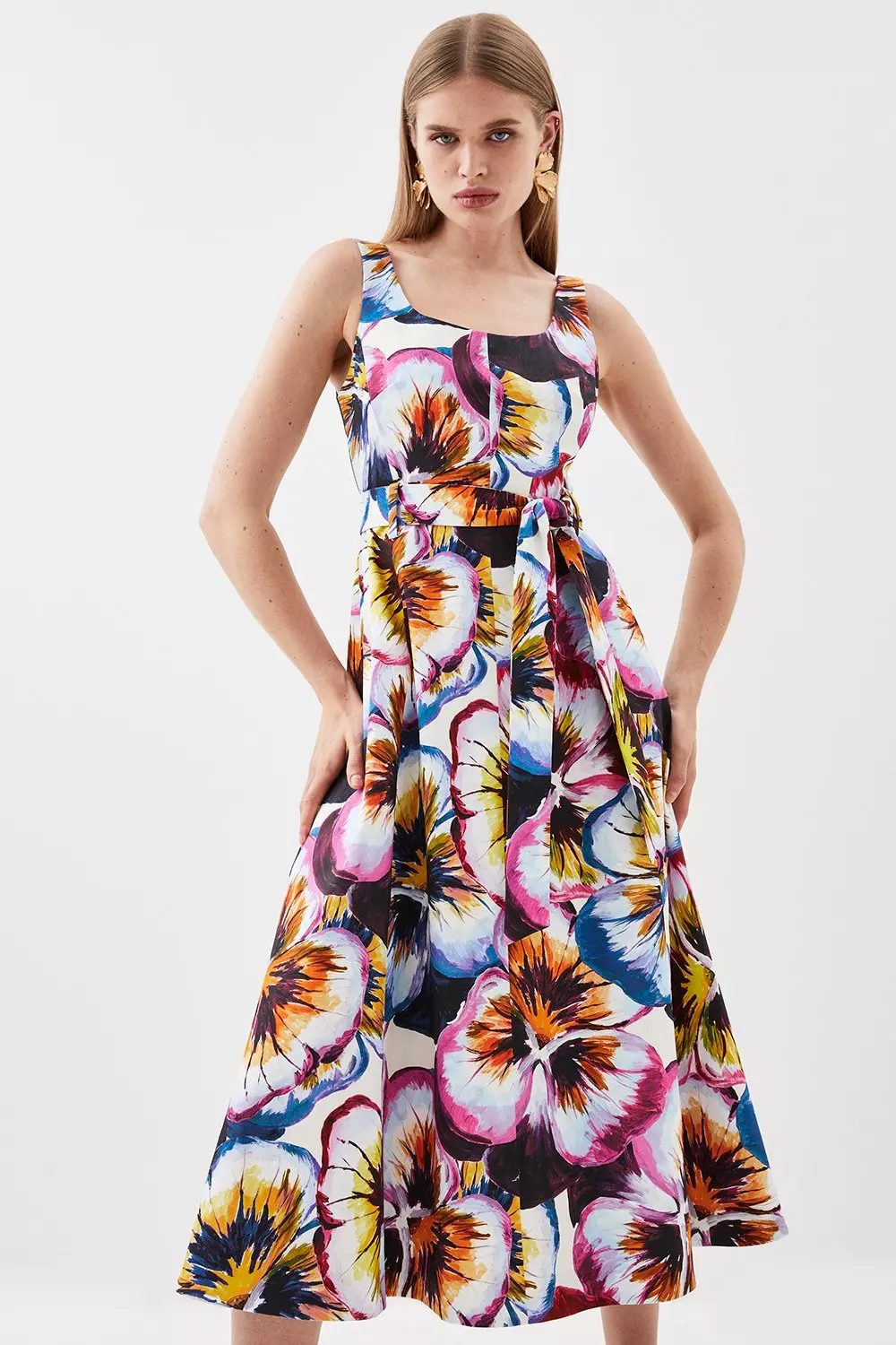 Pansy Floral Printed Full Skirt Belted Midi Dress | Karen Millen