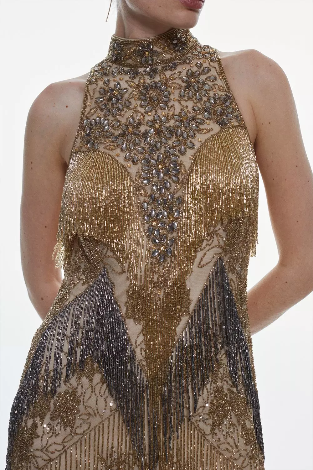 Petite Embellished Fringed Halter Maxi Dress | Karen Millen