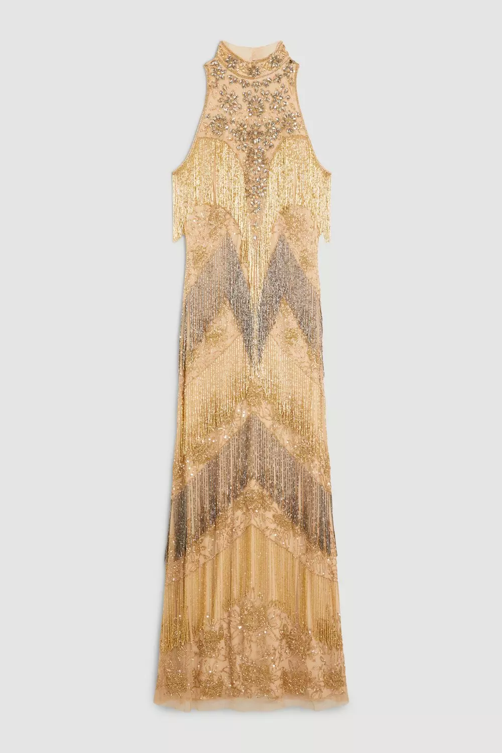 ★Karen Millen バンデージニットｘシフォン袖 魅惑的マキシ★ Floral Heavy Satin Panelled Fringed Woven Strappy Maxi Dress