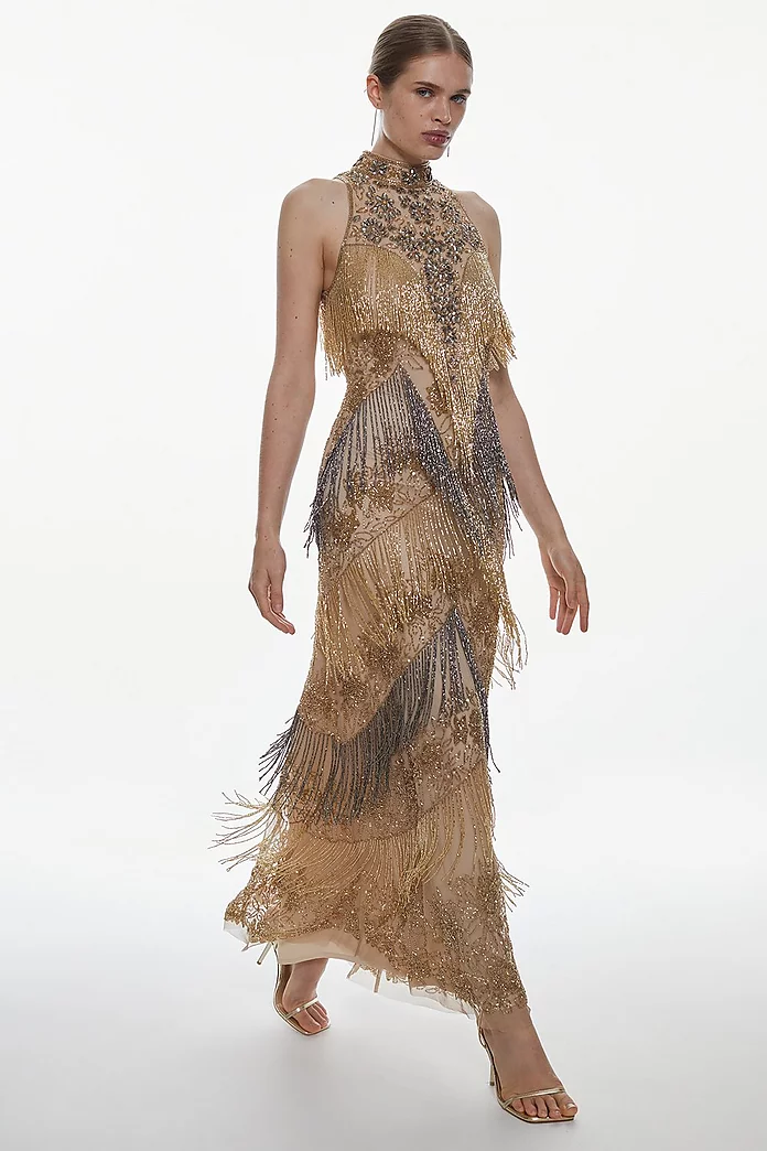 Embellished Fringed Halter Maxi Dress | Karen Millen Embellished Fringed Halter Maxi Dress | Karen Millen