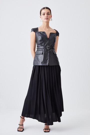 Petite Leather Belted Pleat Skirt Midi Dress black