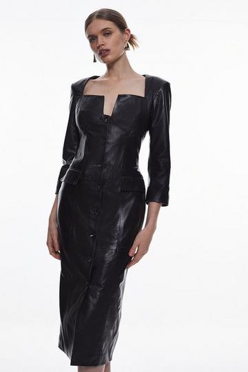 Black Leather Sweetheart Neckline Buttoned Midi Dress