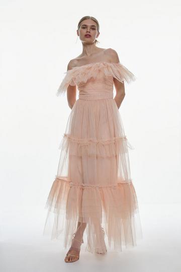 Tulle Corseted Off The Shoulder Maxi Dress blush
