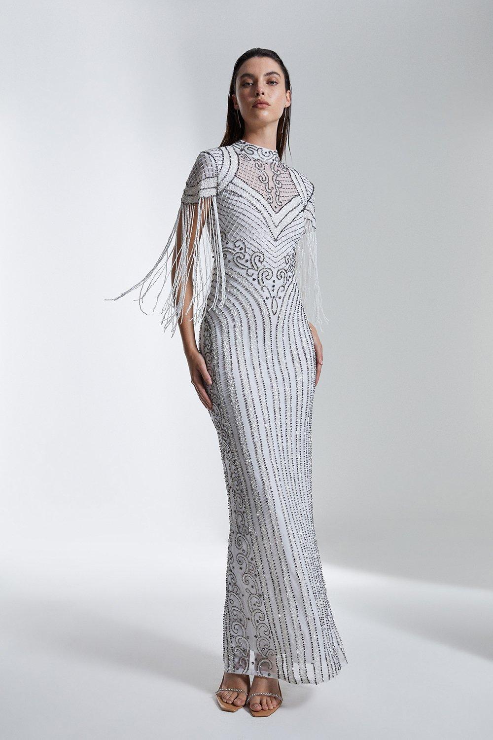 Tall Fringe And Beaded Cap Sleeve Maxi Dress | Karen Millen