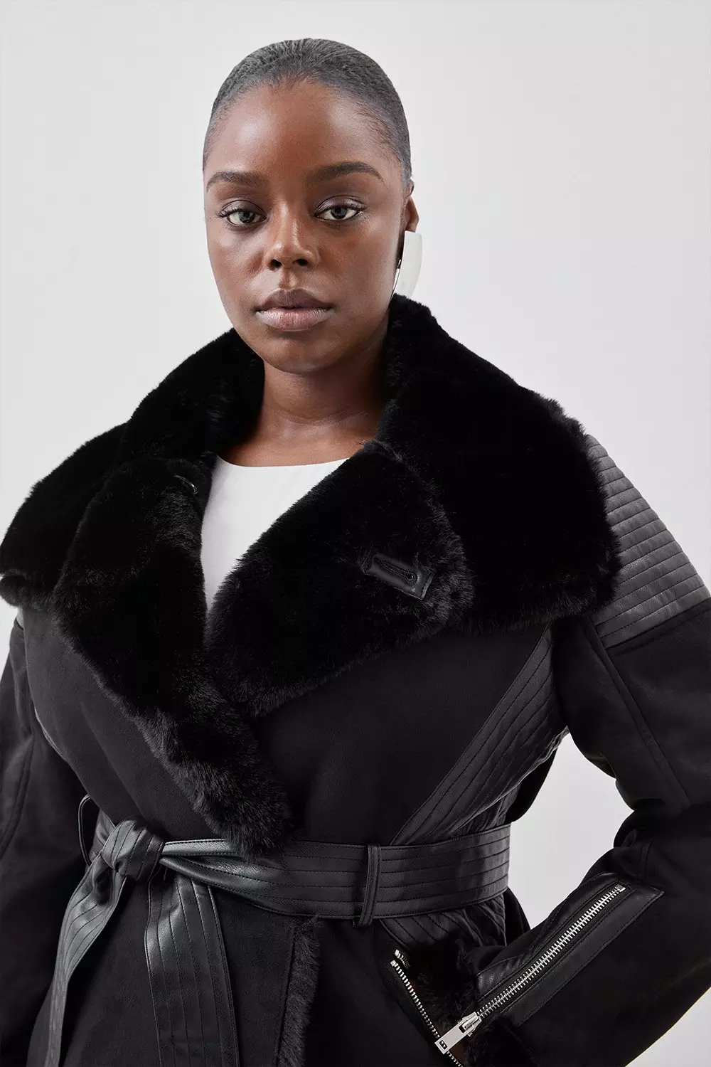 Plus Size Faux Shearling Biker Longline Belted Coat Karen Millen