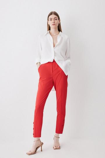 Red Tailored Slim Leg Button Hem Pants