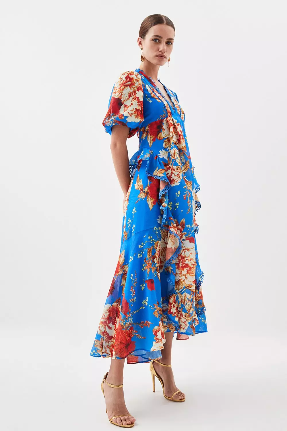 Petite Graphic Lace Trim Floral Woven Plunge Maxi Dress | Karen 