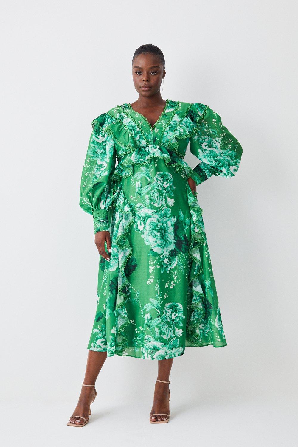 Plus Size Graphic Lace Trim Floral Woven Plunge Maxi Dress | Karen Millen