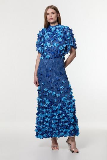 Blue Crystal Applique Angel Sleeve Woven Maxi Dress