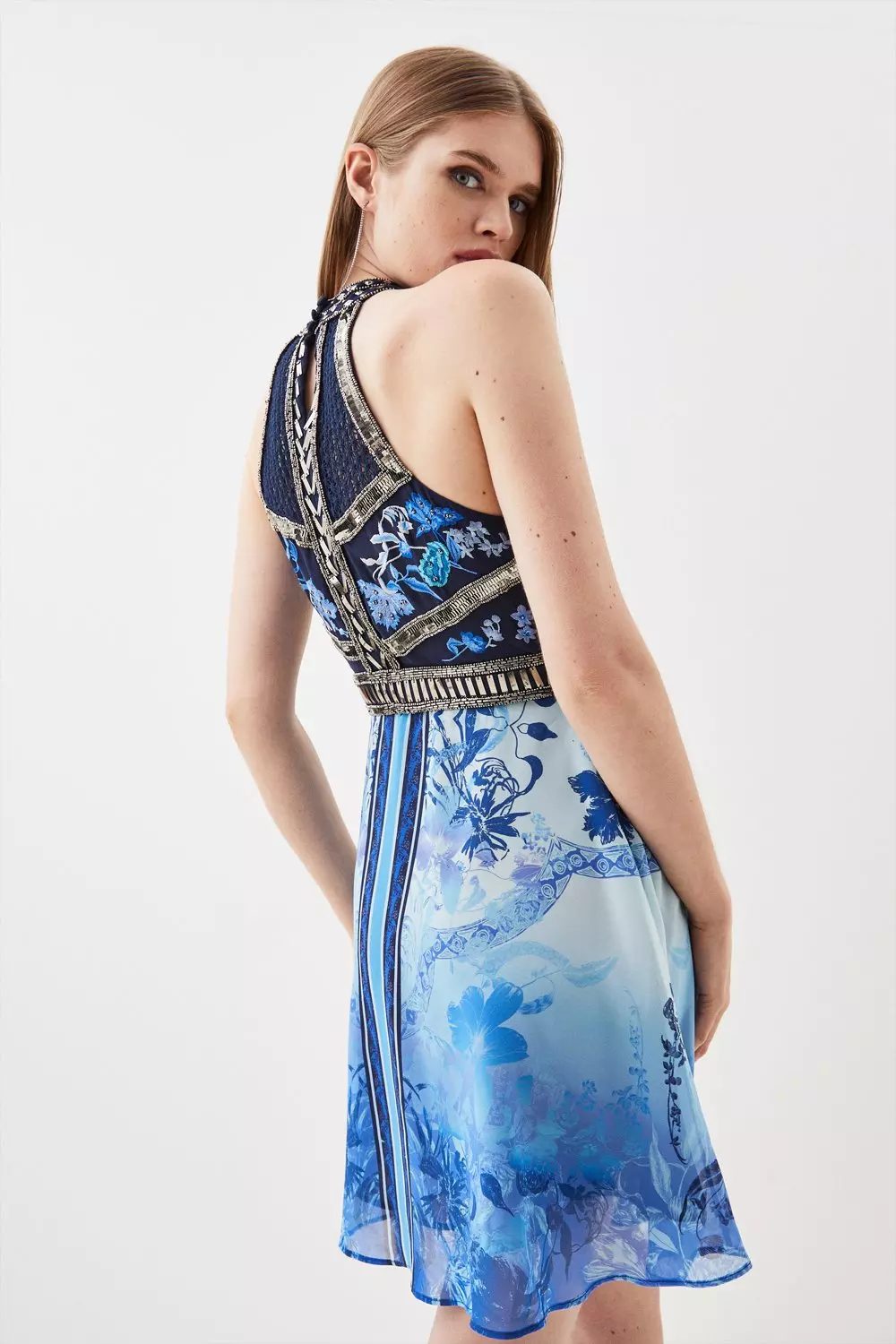 Cross Front Beaded Embellished Woven Mini Dress | Karen Millen