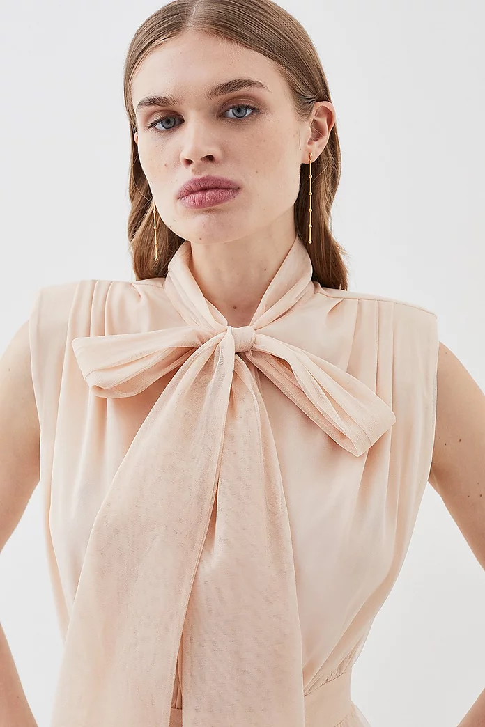 Lydia Millen Mesh Sweeping Pussy Bow Woven Maxi Dress Lydia Millen Mesh Sweeping Pussy Bow Woven Maxi Dress